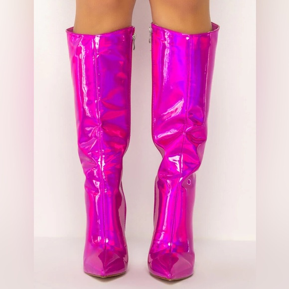 Azalea Wang Shoes - AZALEA WANG Pink Holographic Knee High Stiletto Boot
